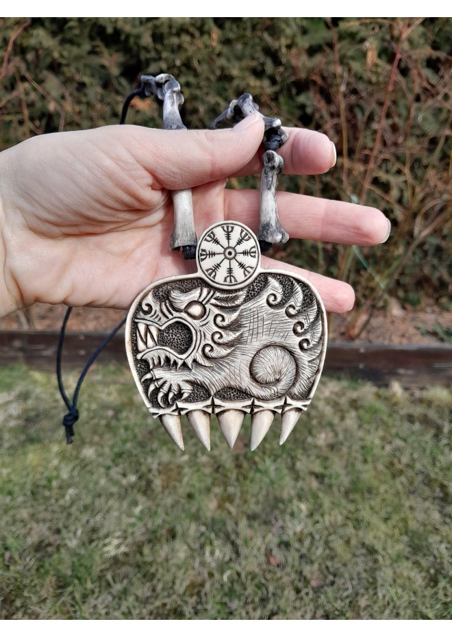Hand-carved Wolf paw amulet – helm of awe & algiz rune