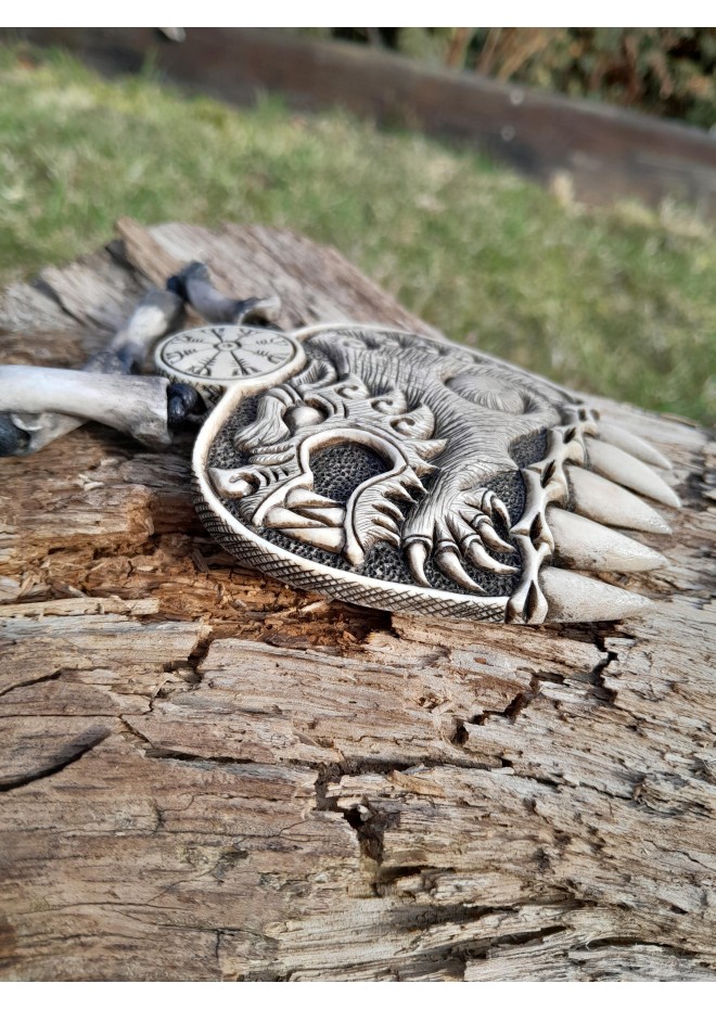 Hand-carved Wolf paw amulet – helm of awe & algiz rune