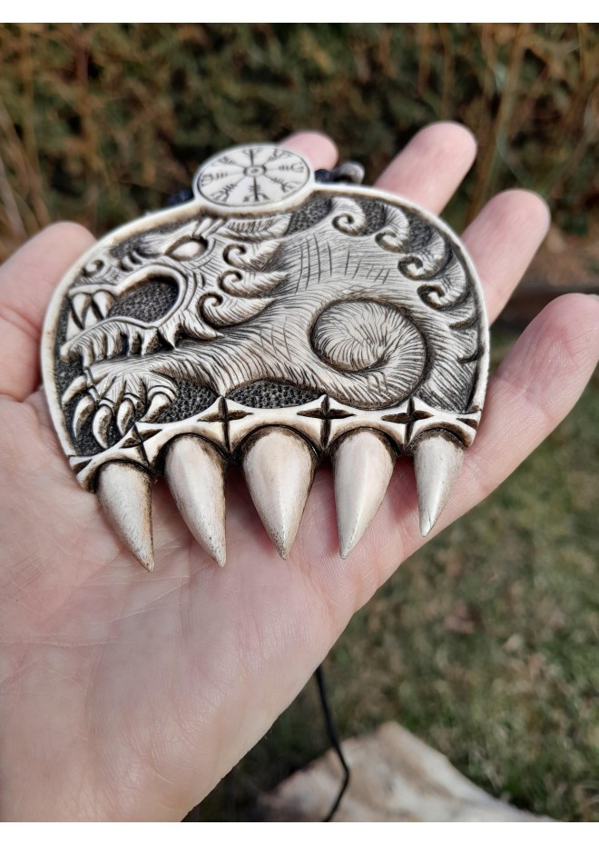 Hand-carved Wolf paw amulet – helm of awe & algiz rune