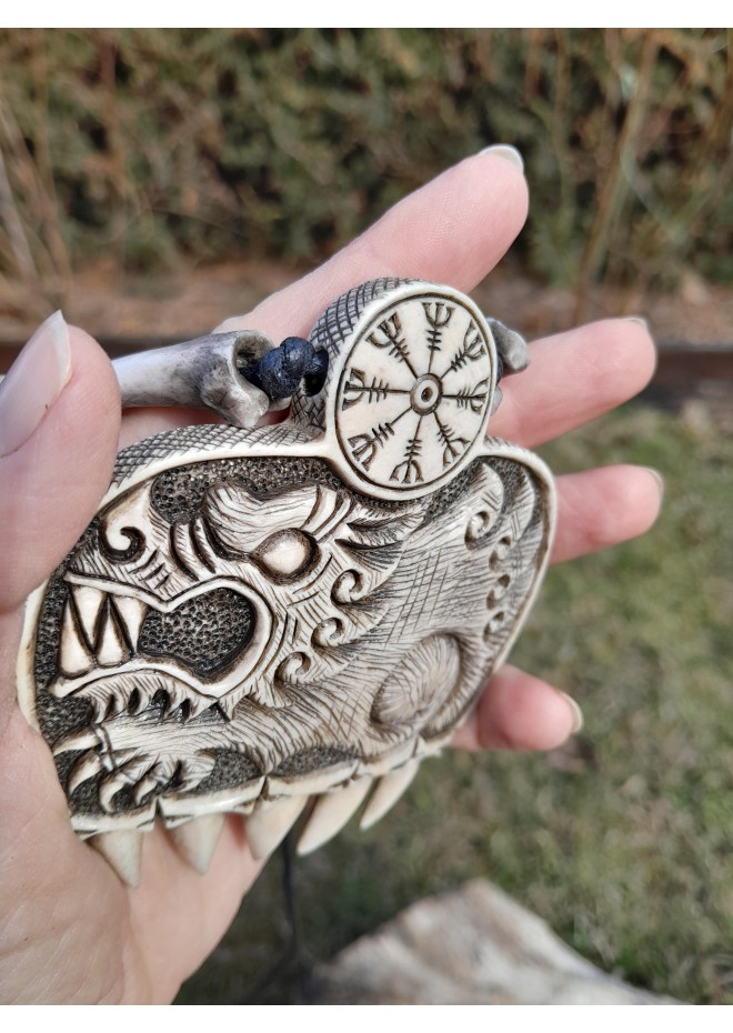 Hand-carved Wolf paw amulet – helm of awe & algiz rune