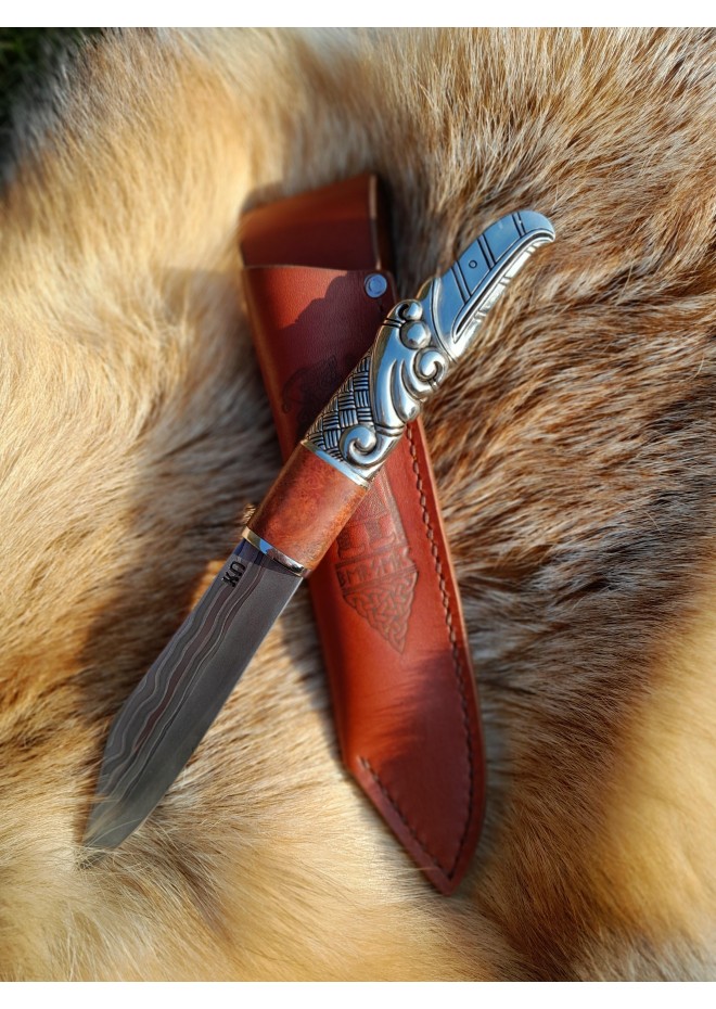 Viking seax Raven. Hand-forged Damascus steel & leather sheath 