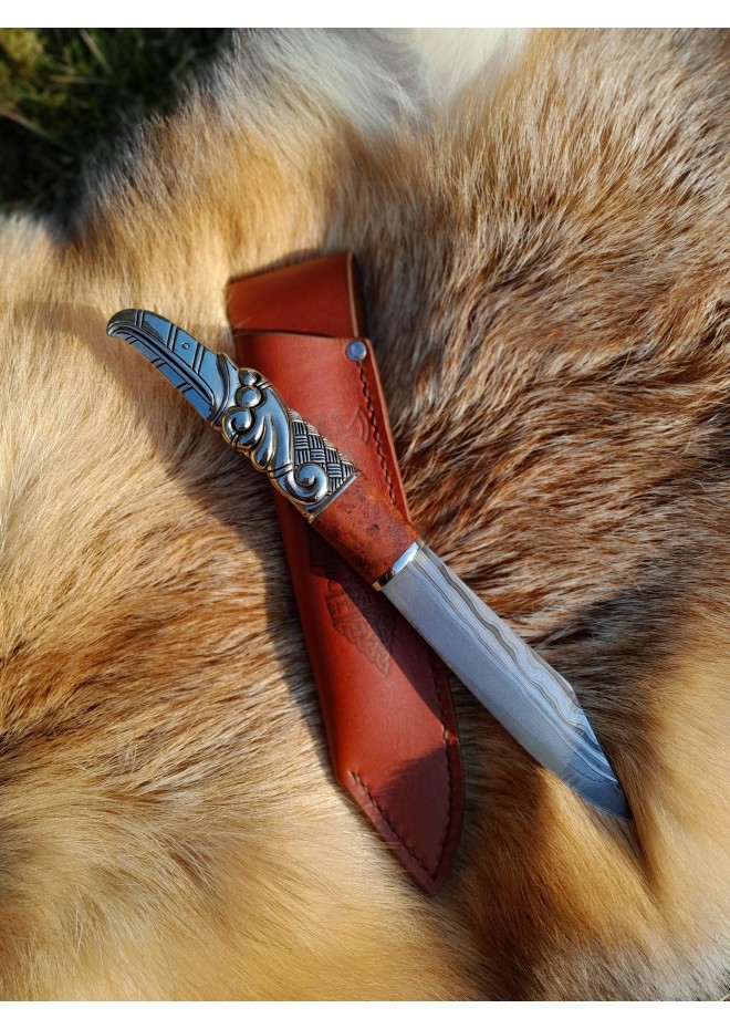 Viking seax Raven. Hand-forged Damascus steel & leather sheath 
