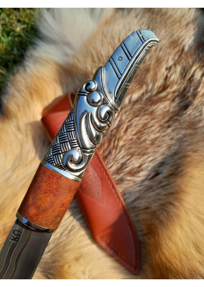 Viking seax Raven. Hand-forged Damascus steel & leather sheath 