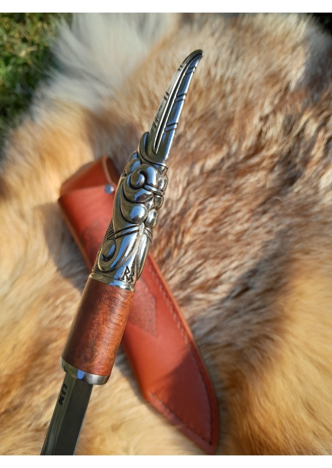Viking seax Raven. Hand-forged Damascus steel & leather sheath 