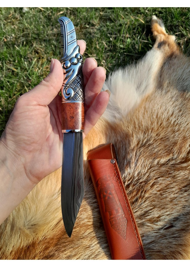 Viking seax Raven. Hand-forged Damascus steel & leather sheath 