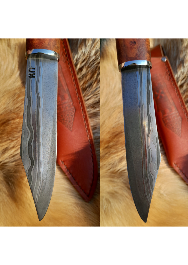 Viking seax Raven. Hand-forged Damascus steel & leather sheath 