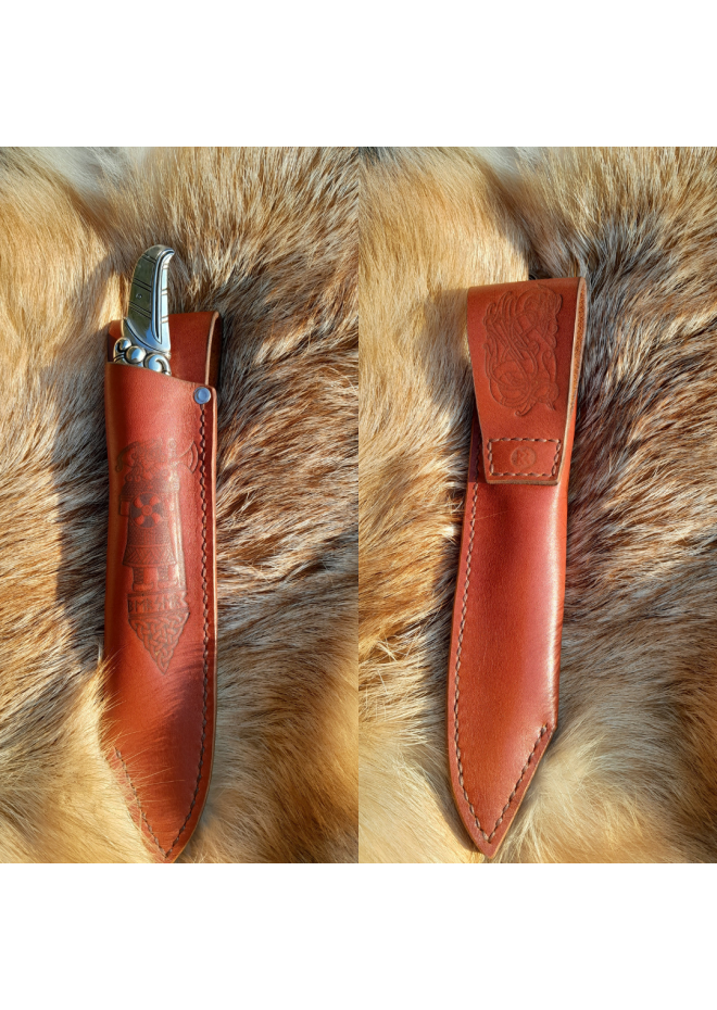 Viking seax Raven. Hand-forged Damascus steel & leather sheath 