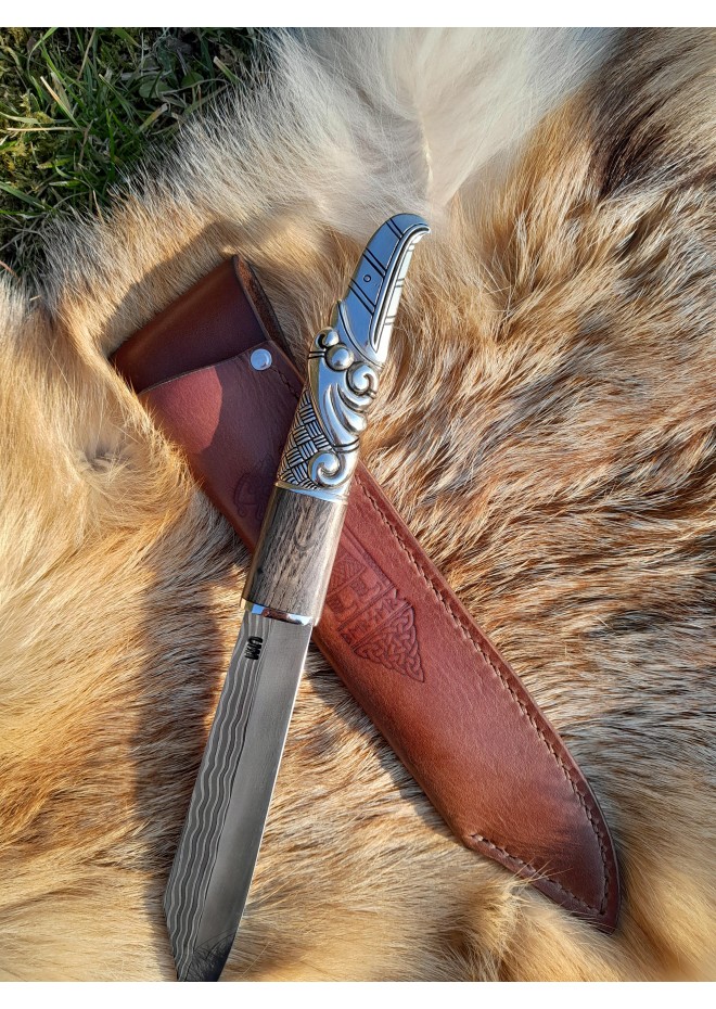 Norse scramasax with bronze Raven handle. Damascus blade