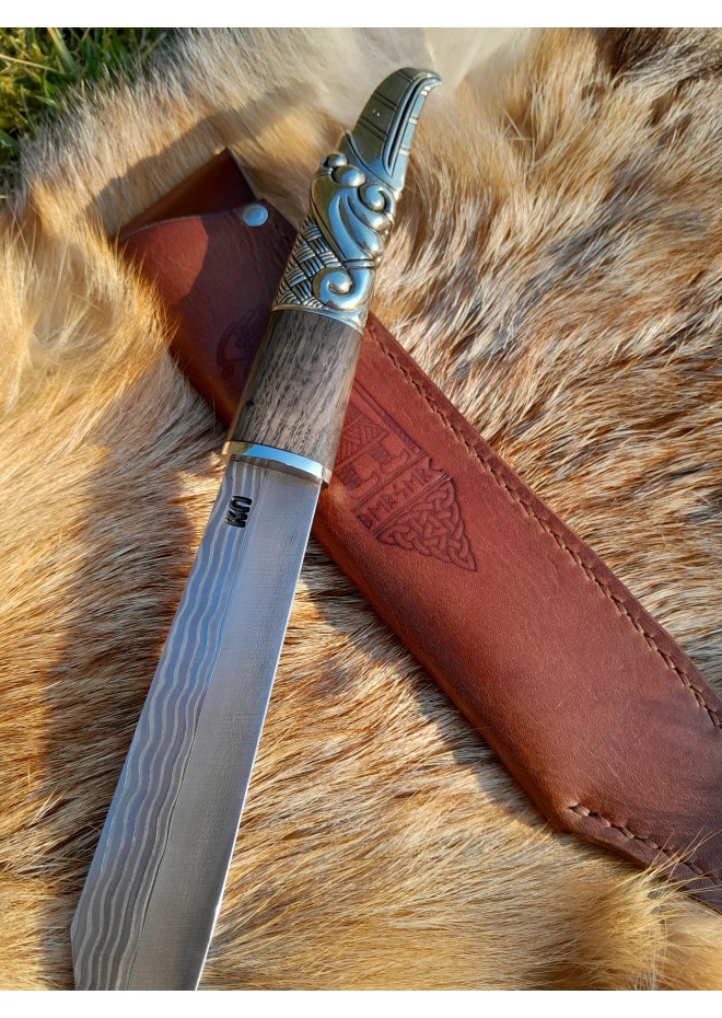 Norse scramasax with bronze Raven handle. Damascus blade