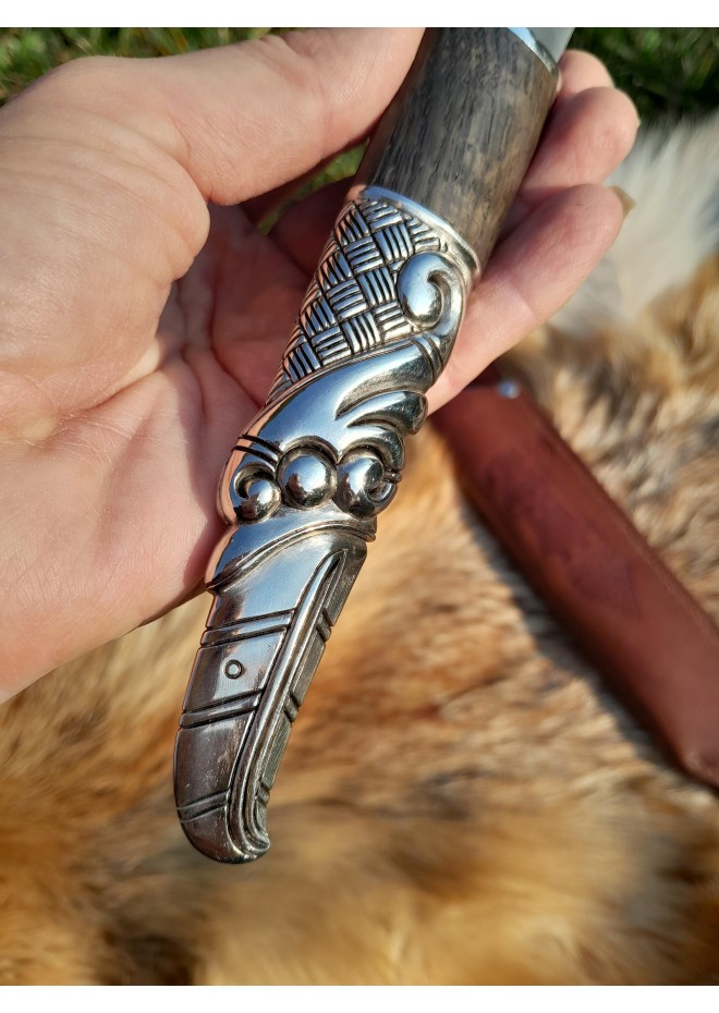 Norse scramasax with bronze Raven handle. Damascus blade