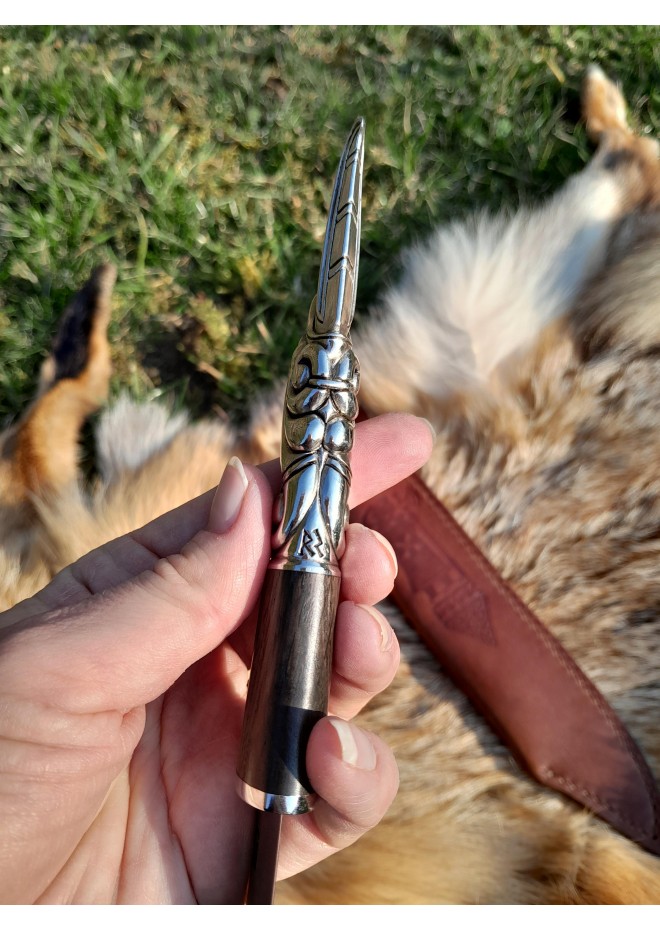 Norse scramasax with bronze Raven handle. Damascus blade