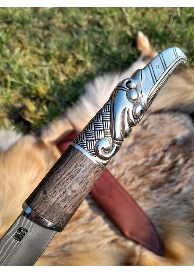 Norse scramasax with bronze Raven handle. Damascus blade