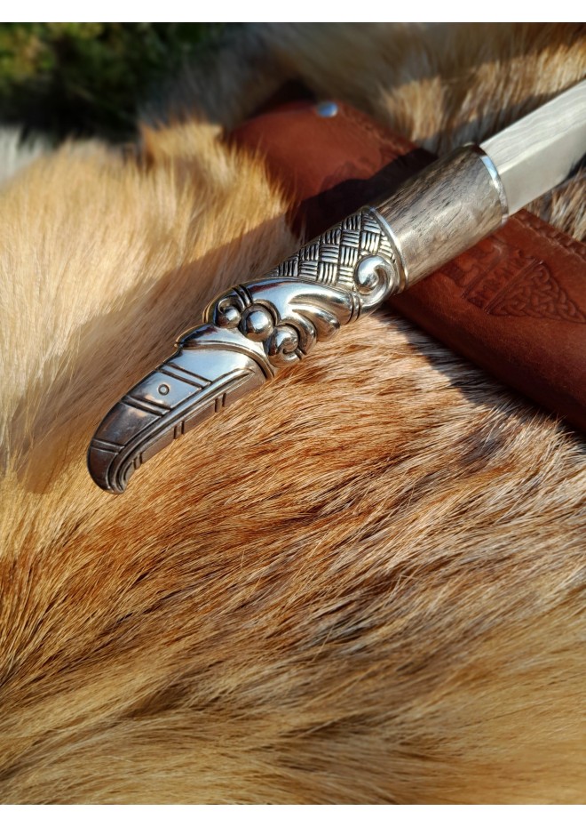 Norse scramasax with bronze Raven handle. Damascus blade