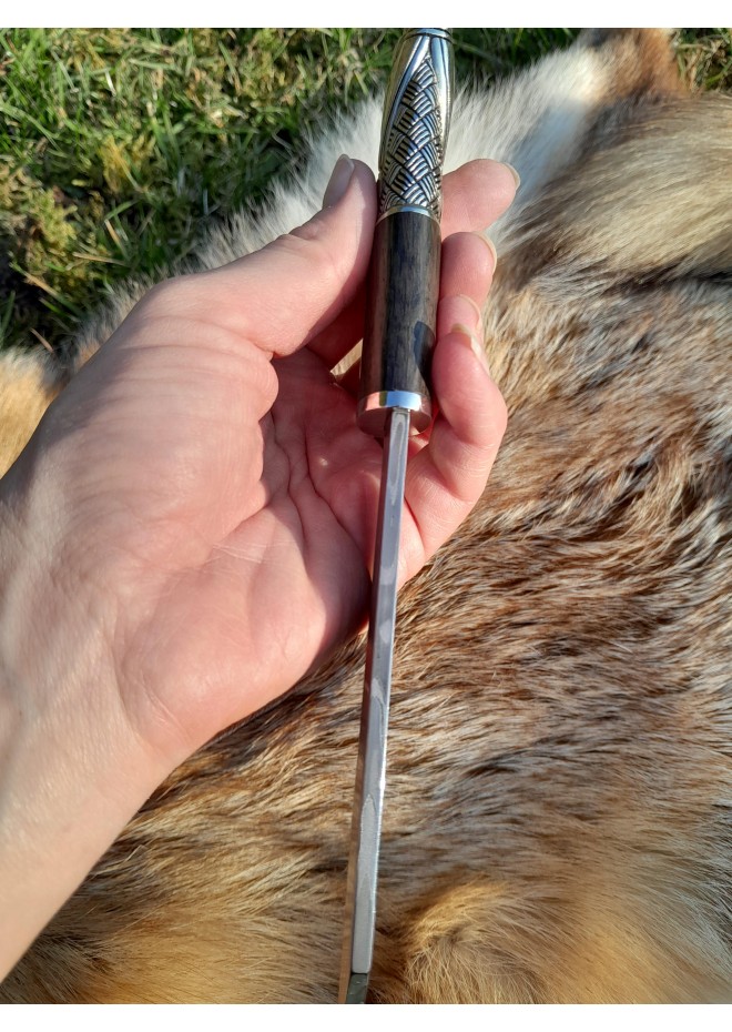 Norse scramasax with bronze Raven handle. Damascus blade