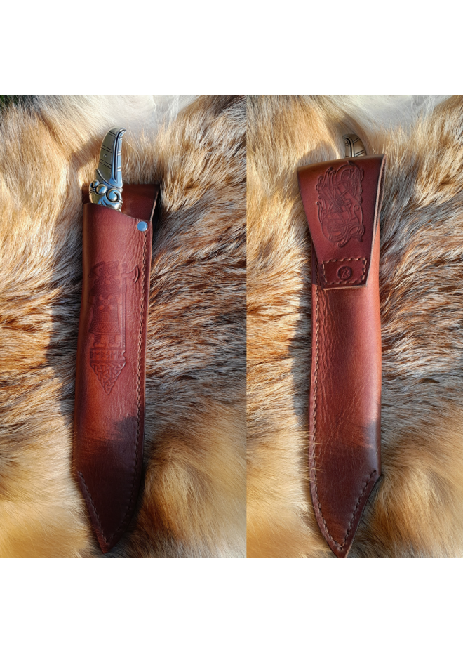 Norse scramasax with bronze Raven handle. Damascus blade