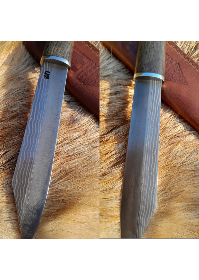 Norse scramasax with bronze Raven handle. Damascus blade