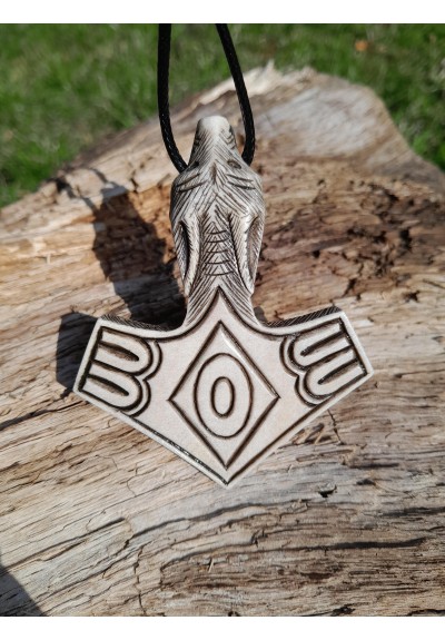 Hand-carved Mjolnir amulet with Wolf head.