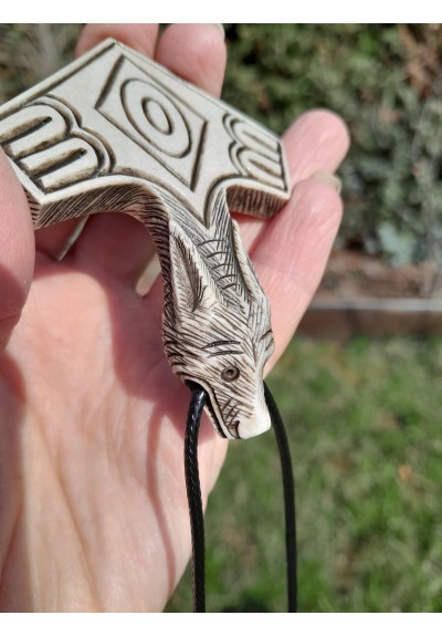 Hand-carved Mjolnir amulet with Wolf head.