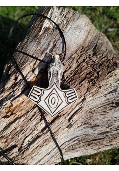 Hand-carved Mjolnir amulet with Wolf head.