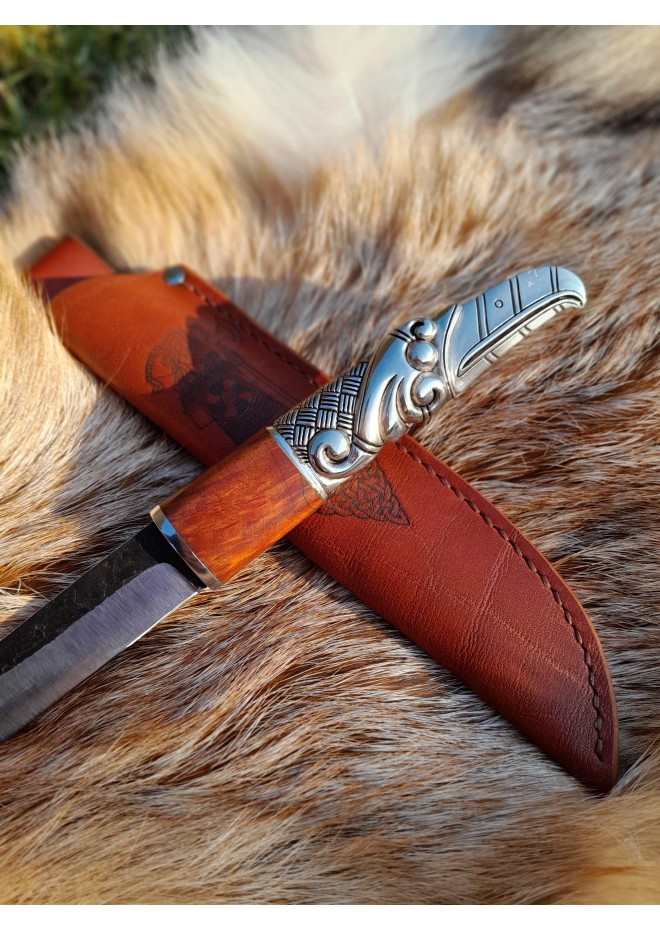 Hand-forged Viking raven knife. Bronze & wood handle