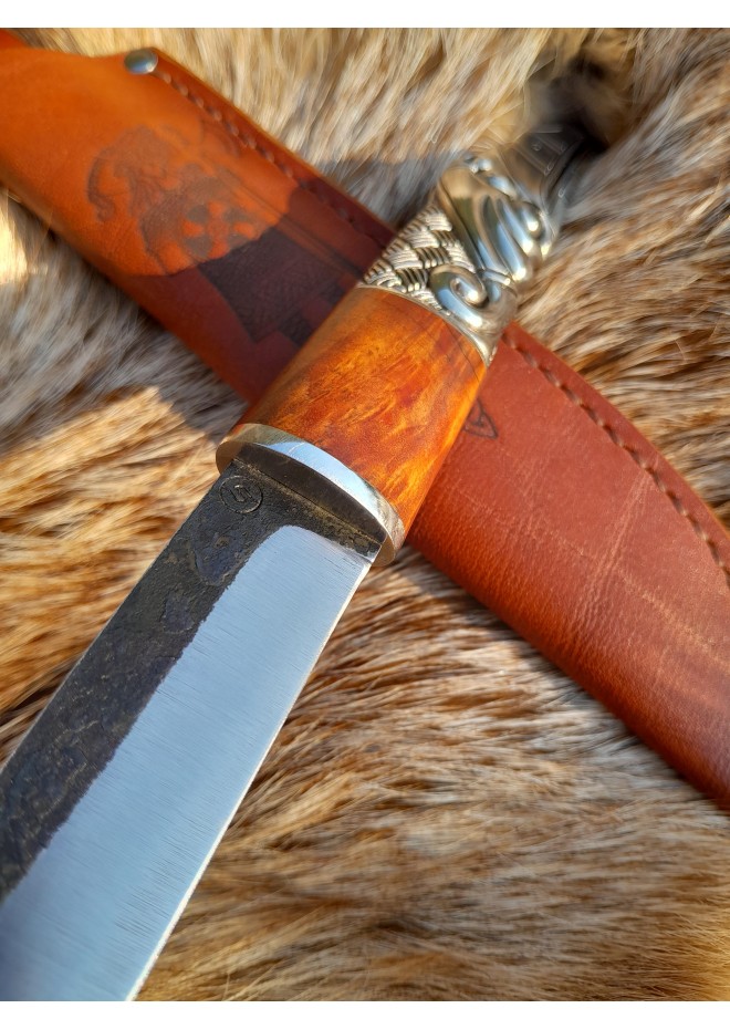 Hand-forged Viking raven knife. Bronze & wood handle