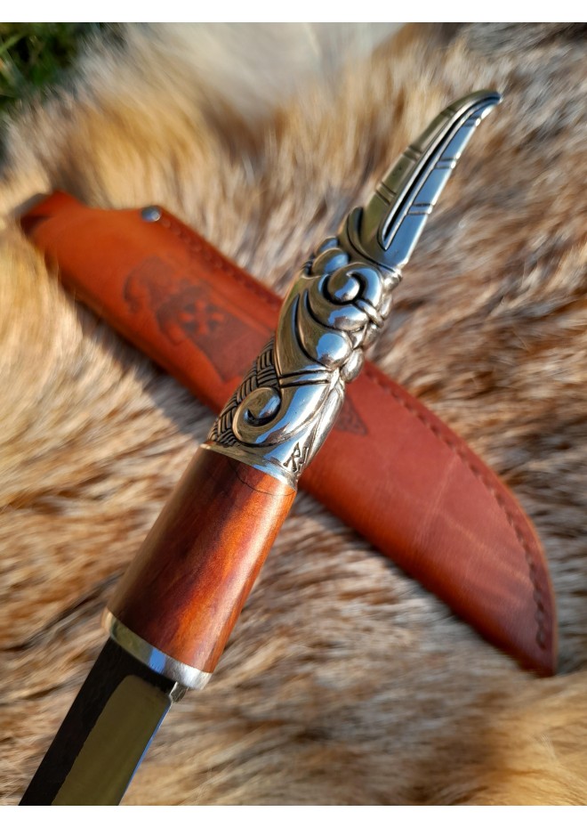 Hand-forged Viking raven knife. Bronze & wood handle