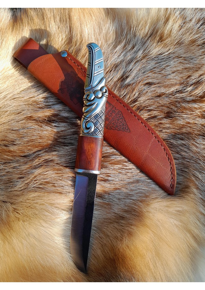 Hand-forged Viking raven knife. Bronze & wood handle