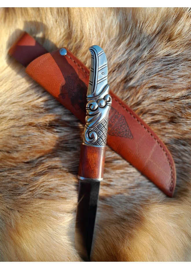 Hand-forged Viking raven knife. Bronze & wood handle