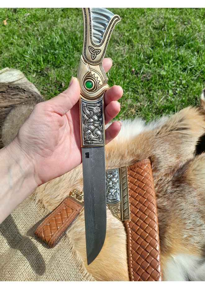 Viking knife. Anglo-Saxon long scramasax. Hand-forged blade