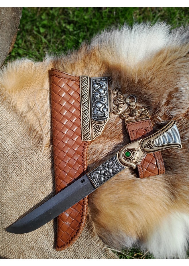 Viking knife. Anglo-Saxon long scramasax. Hand-forged blade