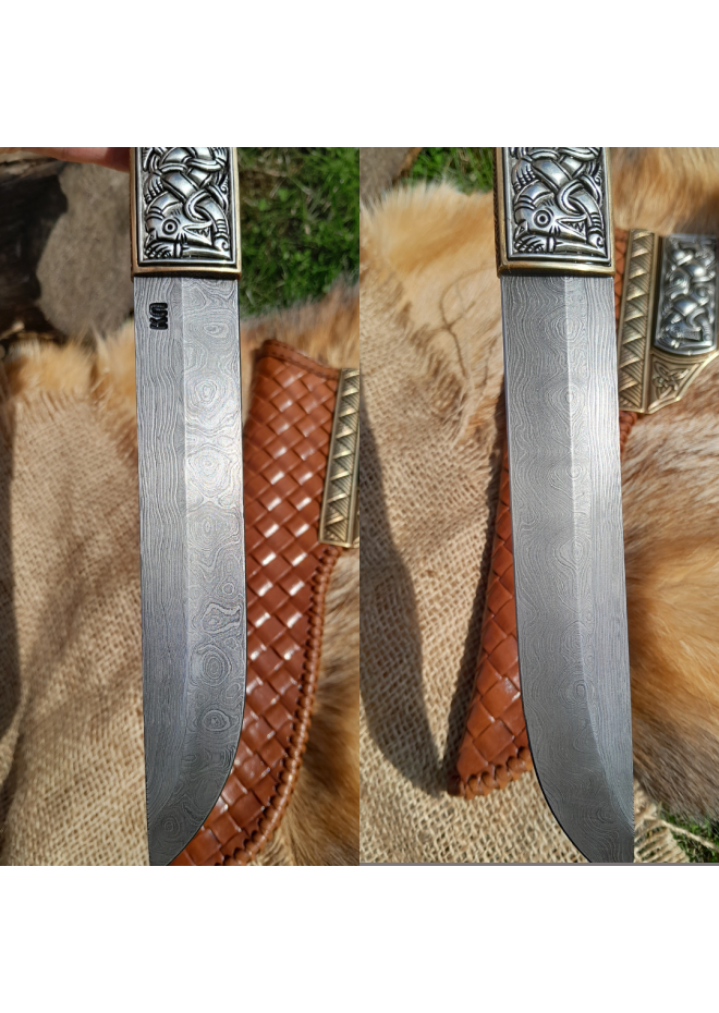 Viking knife. Anglo-Saxon long scramasax. Hand-forged blade