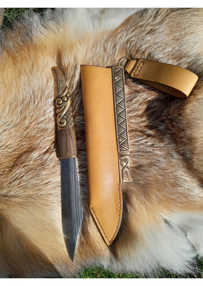 Hand-forged Viking knife. Norse seax with Raven handle