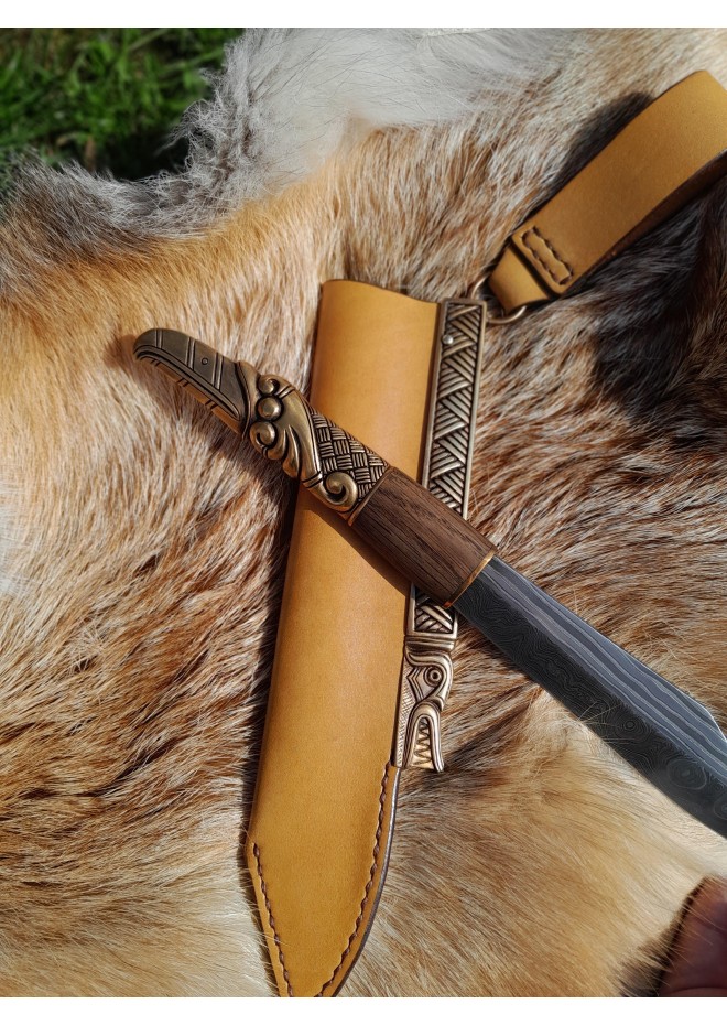 Hand-forged Viking knife. Norse seax with Raven handle