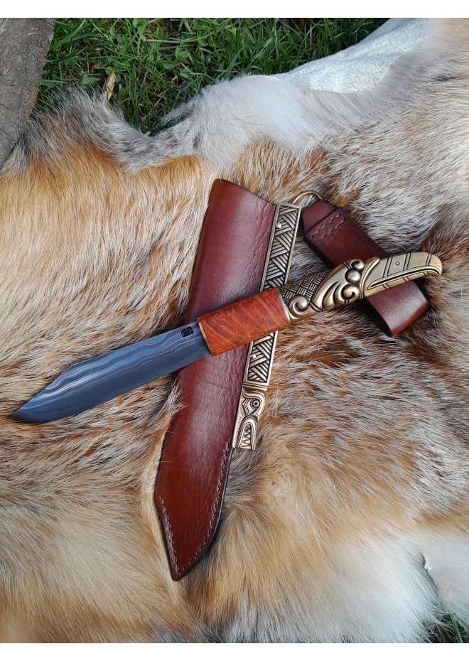 Norse knife with Raven handle. Leather sheath with Dragon 