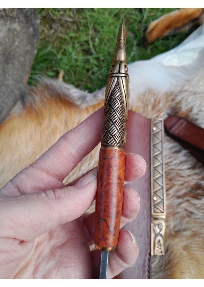 Norse knife with Raven handle. Leather sheath with Dragon 