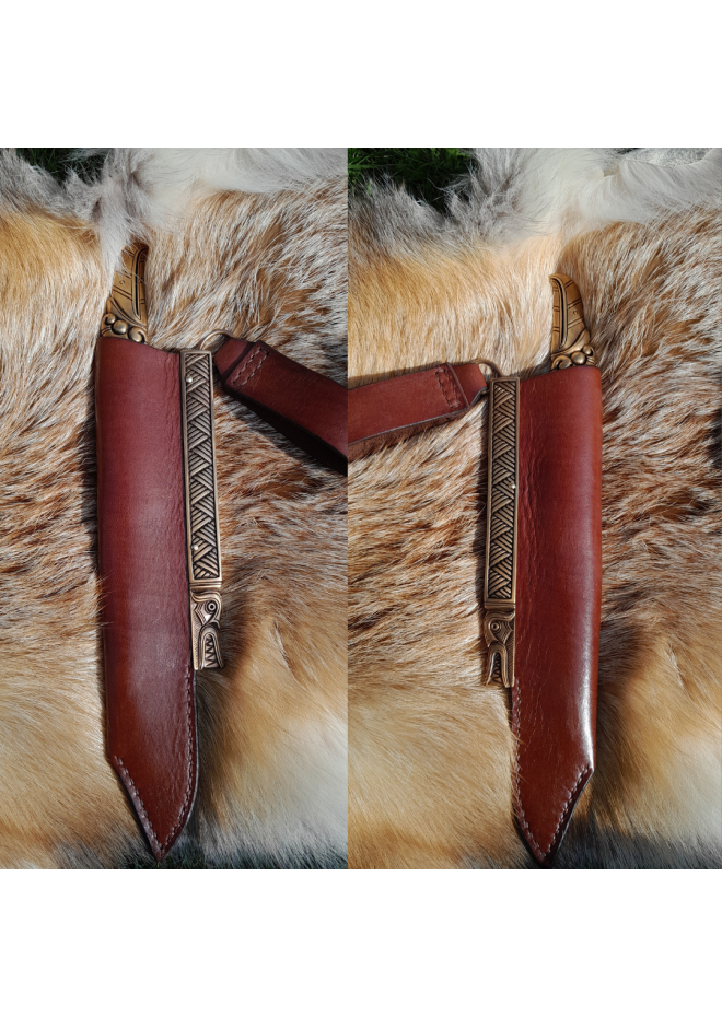 Norse knife with Raven handle. Leather sheath with Dragon 