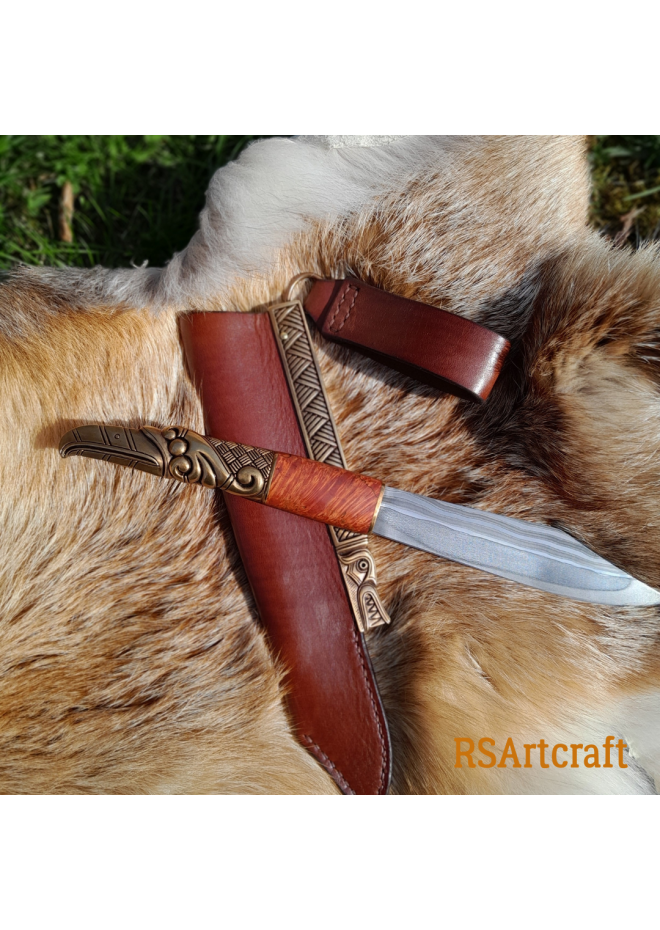 Norse knife with Raven handle. Leather sheath with Dragon 