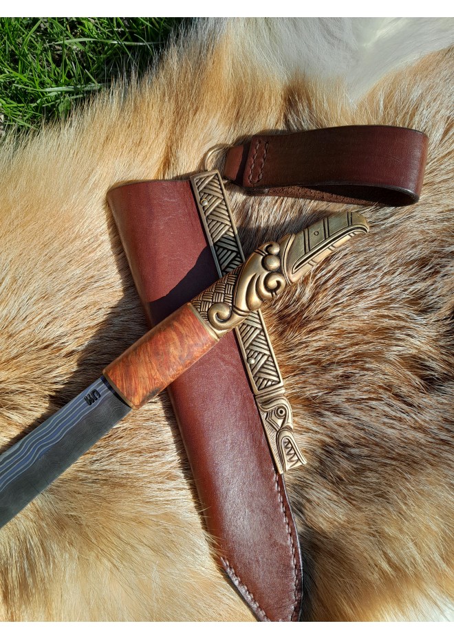 Hand-forged Damascus steel Viking seax Raven. Leather sheath