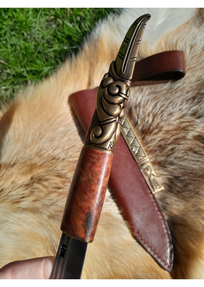 Hand-forged Damascus steel Viking seax Raven. Leather sheath