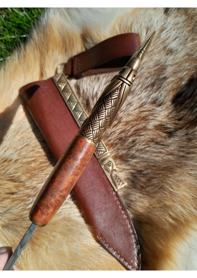Hand-forged Damascus steel Viking seax Raven. Leather sheath