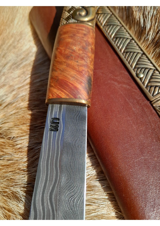 Hand-forged Damascus steel Viking seax Raven. Leather sheath