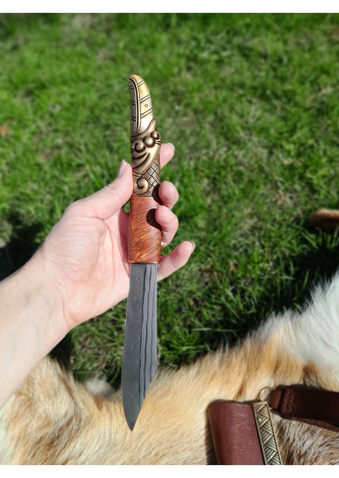 Hand-forged Damascus steel Viking seax Raven. Leather sheath