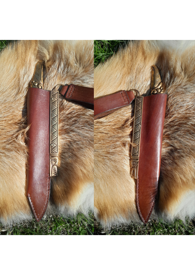 Hand-forged Damascus steel Viking seax Raven. Leather sheath