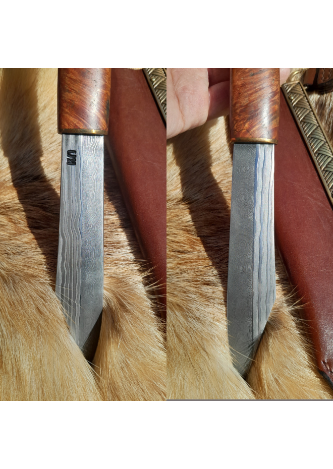 Hand-forged Damascus steel Viking seax Raven. Leather sheath