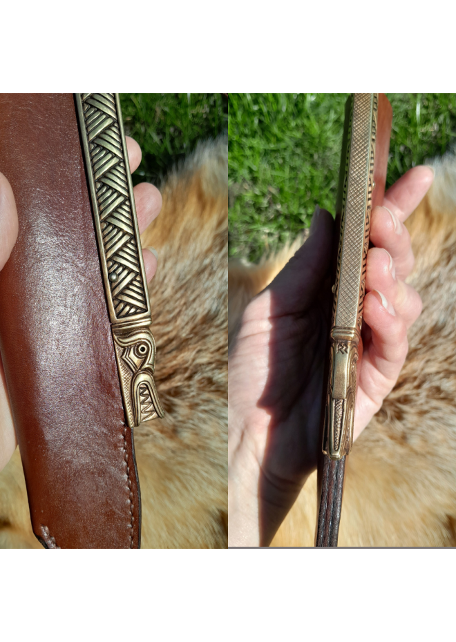 Hand-forged Damascus steel Viking seax Raven. Leather sheath