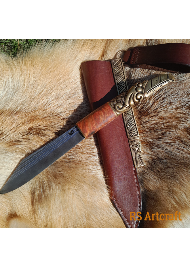 Hand-forged Damascus steel Viking seax Raven. Leather sheath