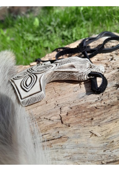 Hand-carved knotted Mjolnir amulet with Wolf head
