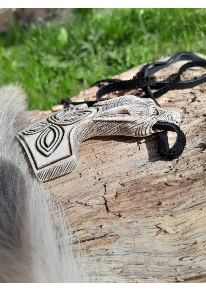 Moose antler Thor's Hammer amulet with Celtic Knot & Wolf