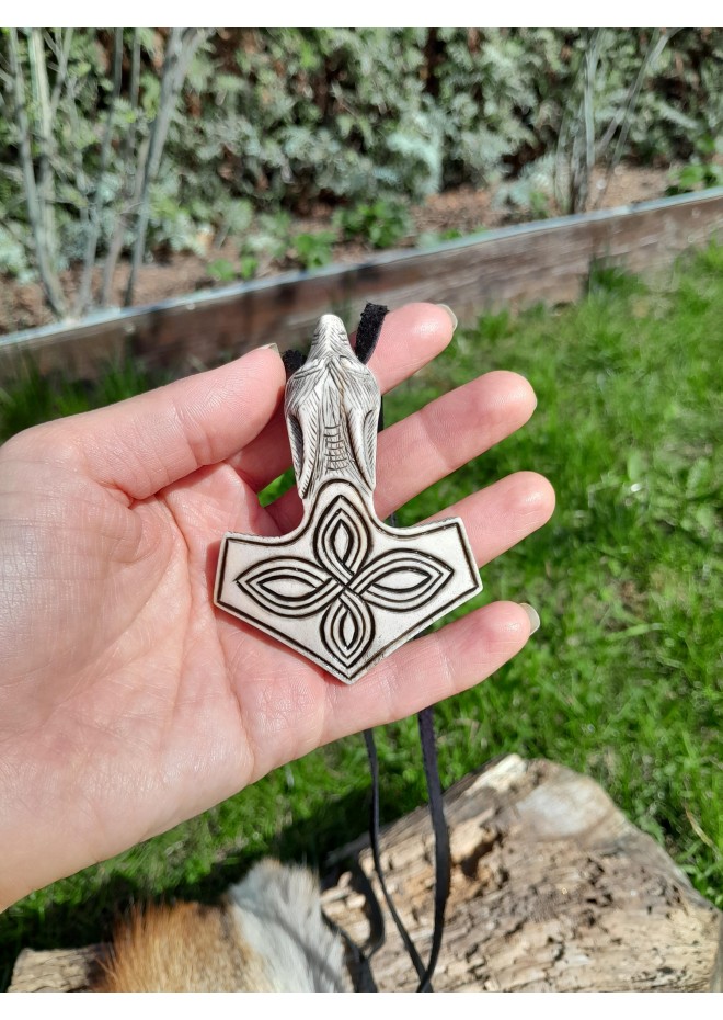 Moose antler Thor's Hammer amulet with Celtic Knot & Wolf