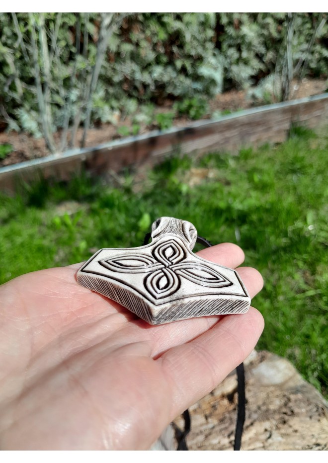 Moose antler Thor's Hammer amulet with Celtic Knot & Wolf